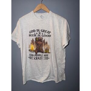 Delta Pro Weight Graphic T Shirt God is Great Beer is Good Bear Camping Size L